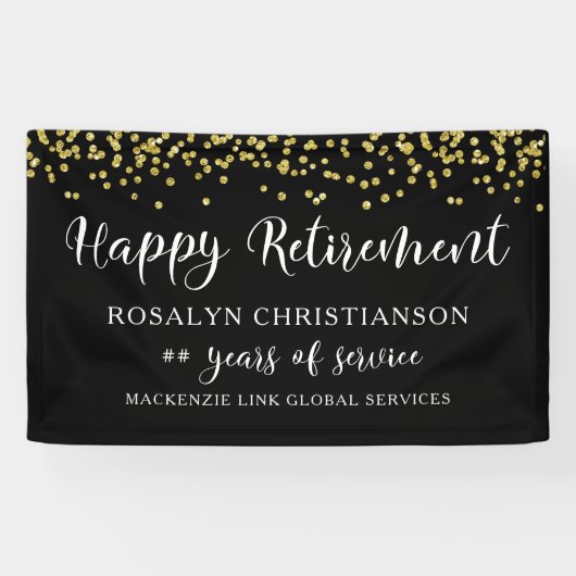 Happy Retirement Zwart Goud Confetti Script Spandoek (Horizontaal)