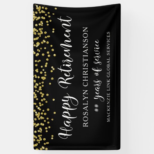 Happy Retirement Zwart Goud Confetti Script Spandoek (Verticaal)