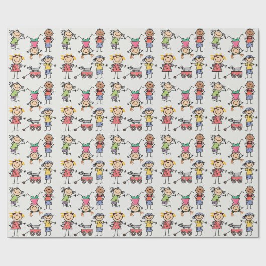 Happy Retro die Stickman Tumbling Kinderen speelt Cadeaupapier (Vlak)