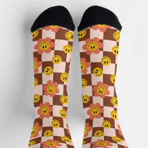 Happy Retro Geruit Patroon met bloemen Sokken