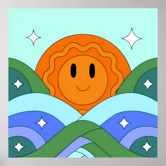 Happy Retro Sun Over Rolling Hills Poster (Voorkant)