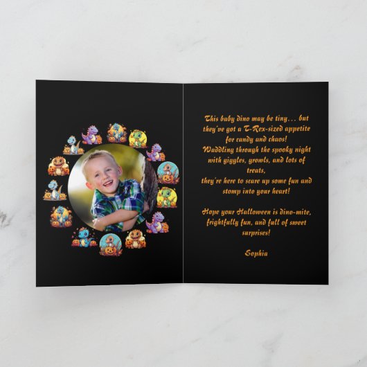 Happy Roar Enkele Schattigee Dino foto Halloween k Kaart (Binnen)