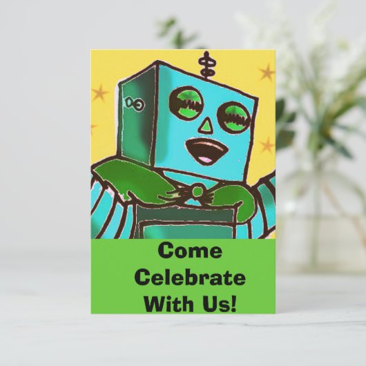 Happy Robot Comic Style Celebration Invitation Kaart (Staand voorkant)