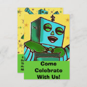 Happy Robot Comic Style Celebration Invitation Kaart (Voorkant / Achterkant)