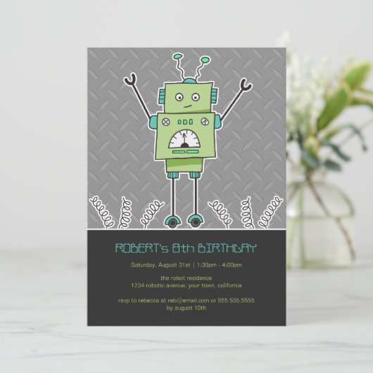 Happy Robot & Springs Kids Birthday Party nodigt u Kaart (Staand voorkant)