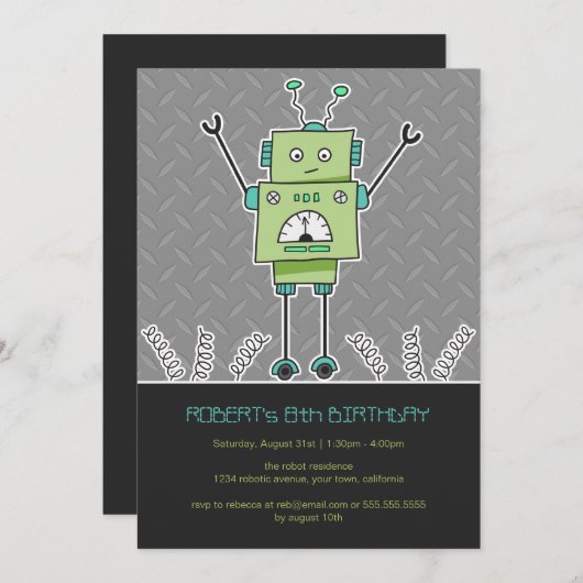 Happy Robot & Springs Kids Birthday Party nodigt u Kaart (Voorkant / Achterkant)