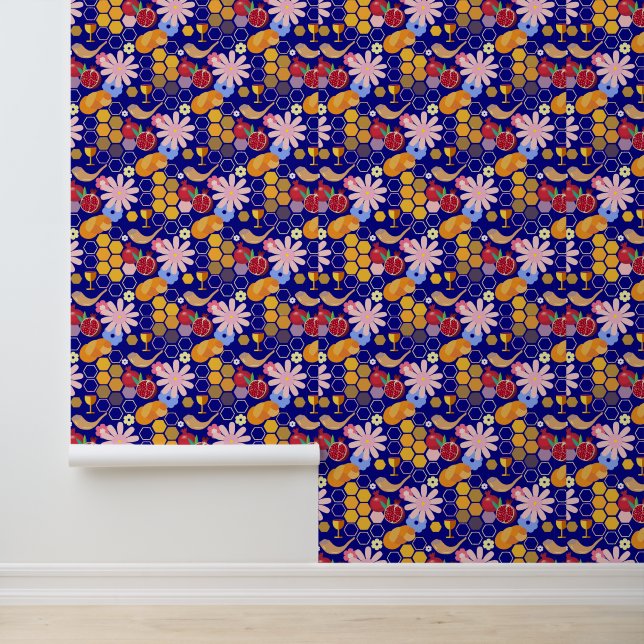 Happy Rosh Hashanah Joods Nieuwjaar Bloemenpatroon Behang (Applicatie)