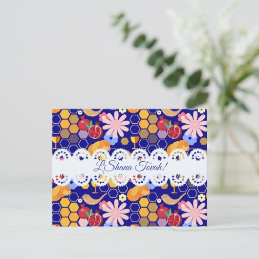 Happy Rosh Hashanah Joods Nieuwjaar Bloemenpatroon Feestdagenkaart (Staand voorkant)