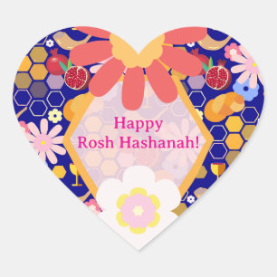 Happy Rosh Hashanah Joods Nieuwjaar Bloemenpatroon Hart Sticker
