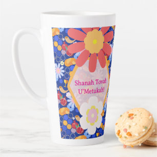 Happy Rosh Hashanah Joods Nieuwjaar Bloemenpatroon Latte Mok