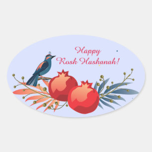 Happy Rosh Hashanah Joods Nieuwjaar Bloemenpatroon Ovale Sticker