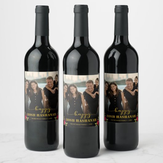 Happy Rosh Hashanah Luxury Gold Script Foto Wijn Etiket (Flessen)