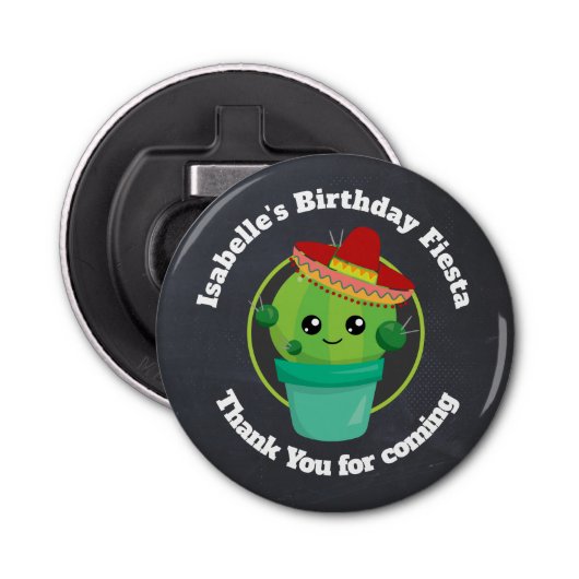 Happy Round Cactus die een Rode Sombrero dragen Button Flesopener (Voorkant)
