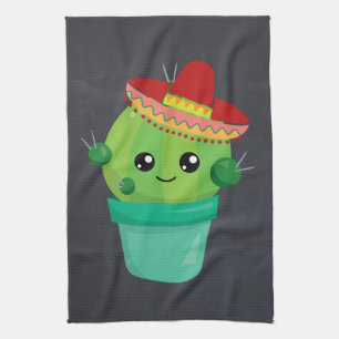Happy Round Cactus die een Rode Sombrero dragen Theedoek