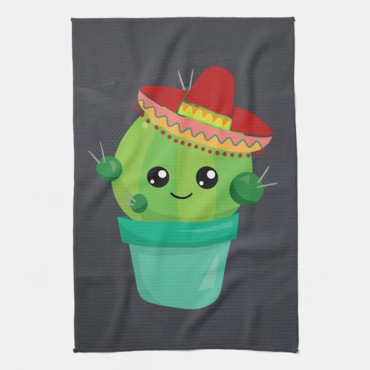 Happy Round Cactus die een Rode Sombrero dragen Theedoek (Verticaal)
