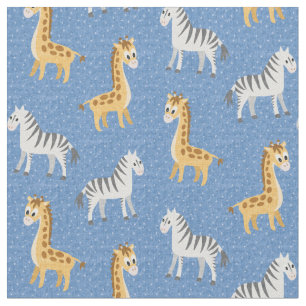 Happy Safari Zebras en Giraffes Baby Blue Stof