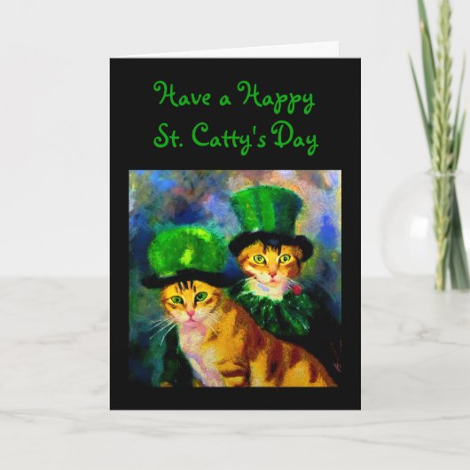 Happy Saint Catty's Day Festive Cats in Green Pett Feestdagen Kaart (Voorkant)