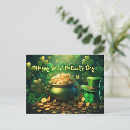 Happy Saint Patrick's Day Pot met gouden munten Briefkaart (Staand voorkant)