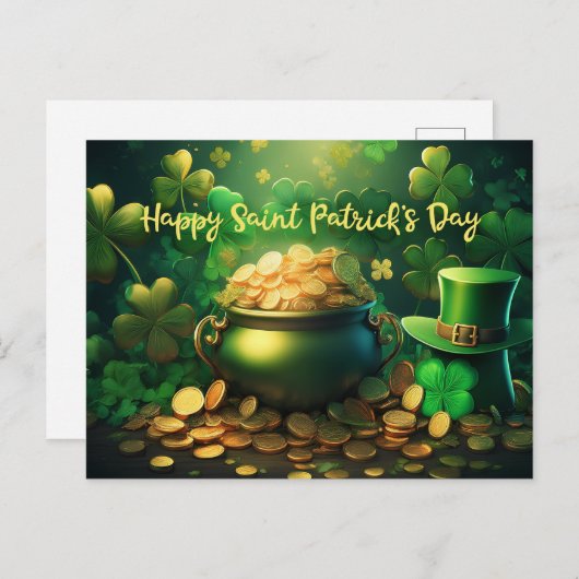 Happy Saint Patrick's Day Pot met gouden munten Briefkaart (Voorkant / Achterkant)