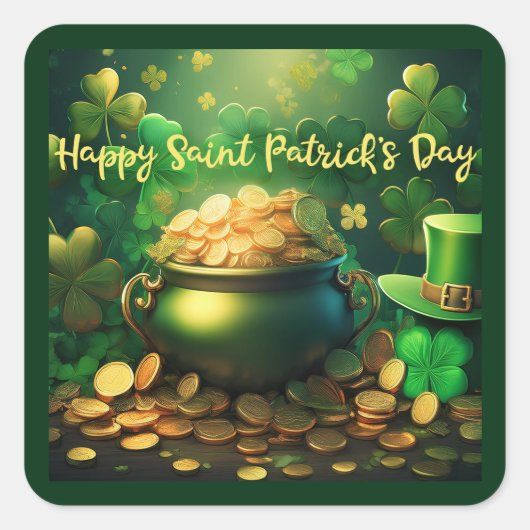 Happy Saint Patrick's Day Pot met gouden munten Vierkante Sticker (Voorkant)