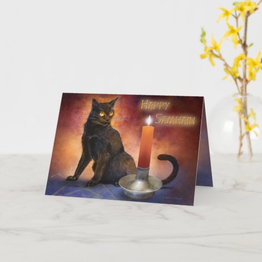 Happy Samhain Kitten en Candle. Kaart (Gele Bloem)