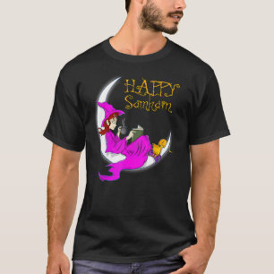 Happy Samhain Paarse Witch Books Coffee Cats Moon T-shirt