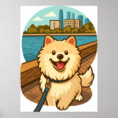 Happy Samoyed Walk by the City Waterfront Poster (Voorkant)