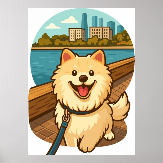 Happy Samoyed Walk by the City Waterfront Poster (Voorkant)