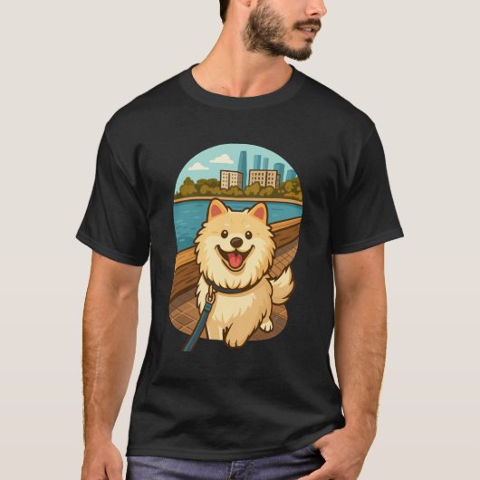 Happy Samoyed Walk by the City Waterfront T-shirt (Voorkant)