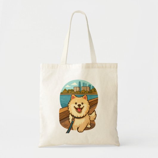 Happy Samoyed Walk by the City Waterfront Tote Bag (Voorkant)