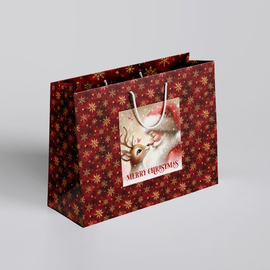 Happy Santa and Rudolph Christmas Cartoon Gift Bag Groot Cadeauzakje