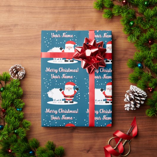 Happy Santa Claus cartoon with sheep Christmas Cadeaupapier (Feestdagen Geschenken)