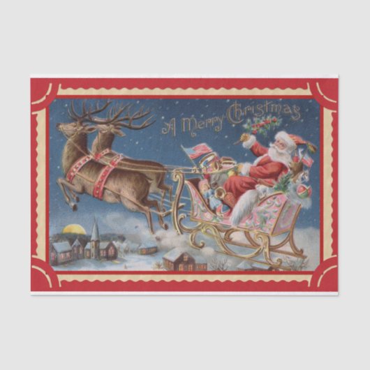 Happy Santa Claus in His Sleigh with Reindeers Tissuepapier (Voorkant)