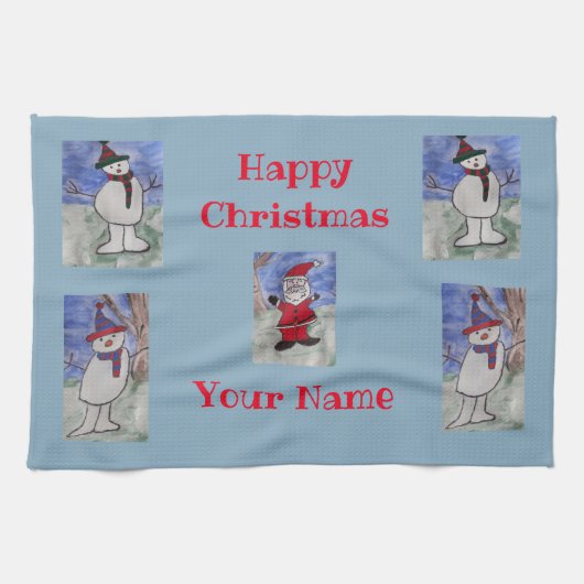 Happy Santa en Snowmen Tea Towel Theedoek (Horizontaal)