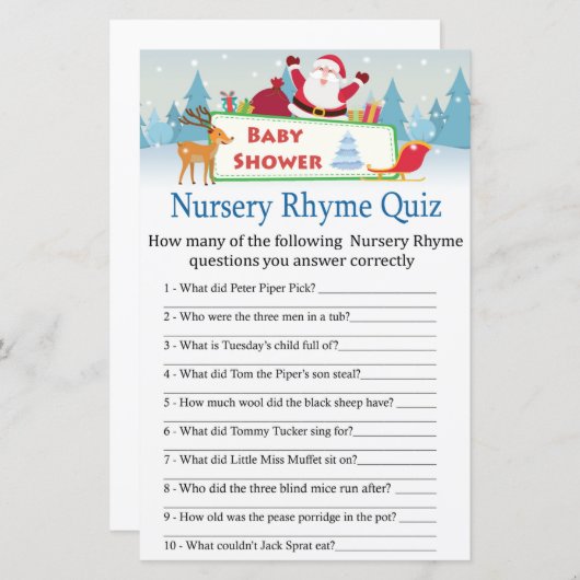 happy santa Nursery Rhyme Quiz baby shower game (Voorkant / Achterkant)