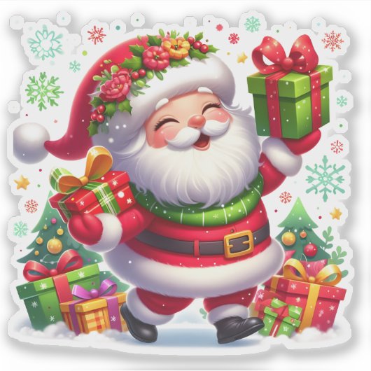 Happy Santa viert feest met kleurrijke cadeaus Sticker (Voorkant)