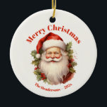 Happy Santa Vintage Christmas Ornament<br><div class="desc">Een vrolijk Kerstman gezicht is op deze schattige rood-wit gekleurde kerst ornament. Het is een klassiek waterverf afbeelding. Saint Nick heeft een gerimpeld pet met harige witte afwerking en een lange krullende baard en snor. Net als toen je hem zag toen je een kind was! Rondom hem zijn een beetje...</div>