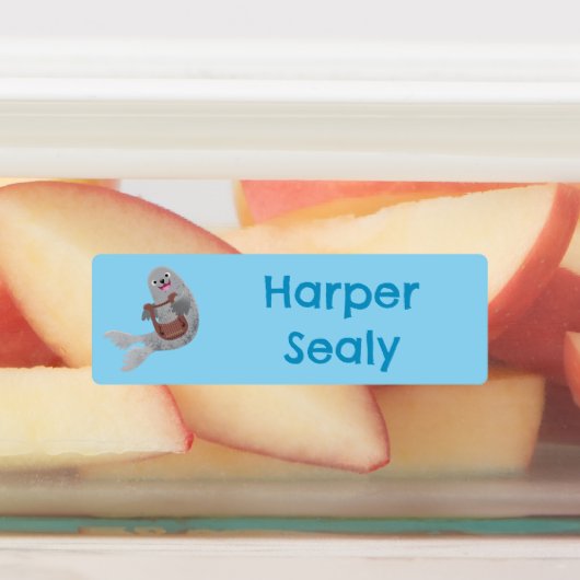 Happy schattige harp seal cartoon gepersonaliseerd labels (Aangebracht)