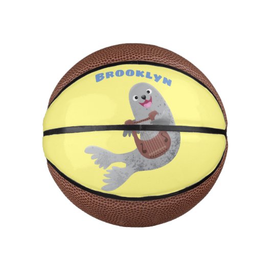 Happy schattige harp seal cartoon illustratie basketbal (Voorkant)
