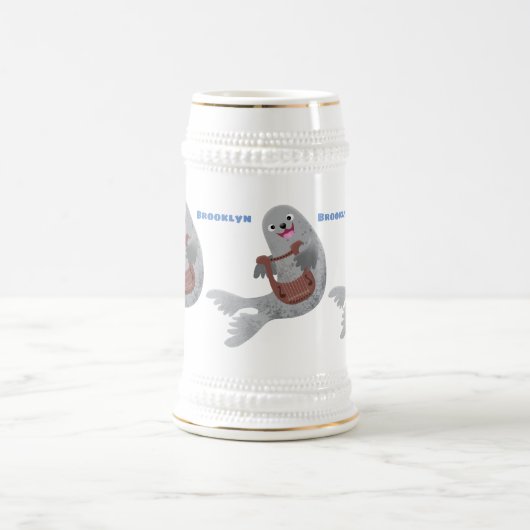 Happy schattige harp seal cartoon illustratie bierpul (Center)