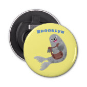 Happy schattige harp seal cartoon illustratie button flesopener (Voorkant)