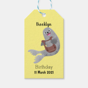 Happy schattige harp seal cartoon illustratie cadeaulabel