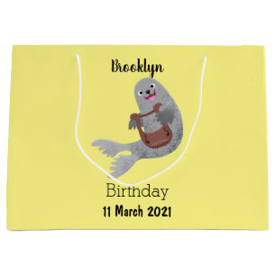 Happy schattige harp seal cartoon illustratie groot cadeauzakje