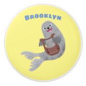 Happy schattige harp seal cartoon illustratie keramische knop (Voorkant)