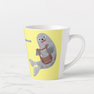 Happy schattige harp seal cartoon illustratie latte mok