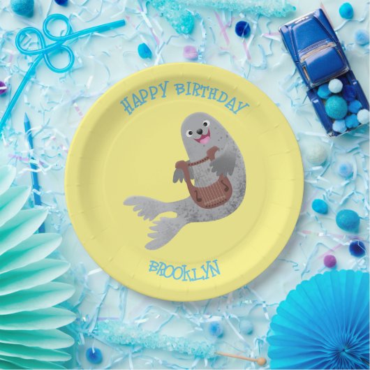 Happy schattige harp seal cartoon illustratie papieren bordje (Feest)