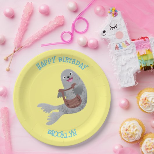 Happy schattige harp seal cartoon illustratie papieren bordje (Feest)