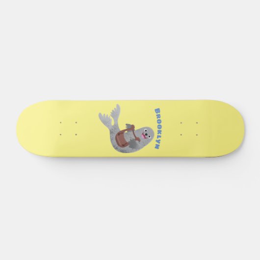 Happy schattige harp seal cartoon illustratie persoonlijk skateboard (Horizontaal)