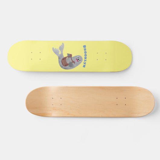 Happy schattige harp seal cartoon illustratie persoonlijk skateboard (Horizontaal)