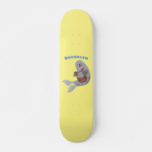 Happy schattige harp seal cartoon illustratie persoonlijk skateboard